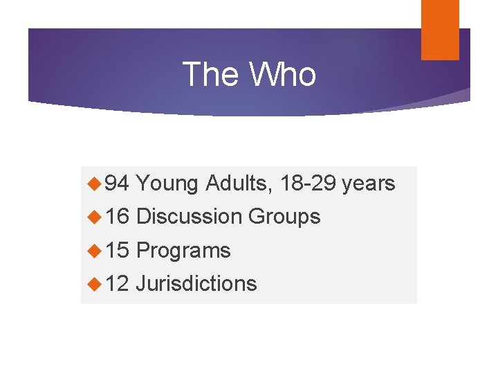 The Who 94 Young Adults, 18 -29 years 16 Discussion Groups 15 Programs 12 The Who 94 Young Adults, 18 -29 years 16 Discussion Groups 15 Programs 12