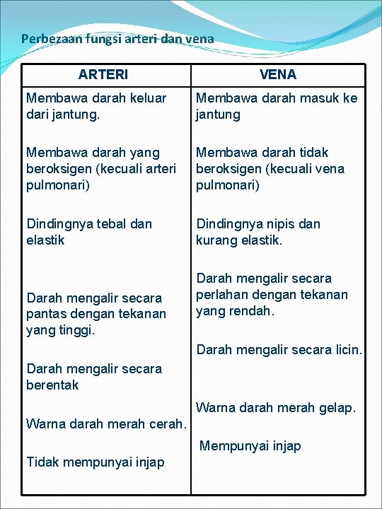 Perbezaan fungsi arteri dan vena ARTERI VENA Membawa darah keluar dari jantung. Membawa darah