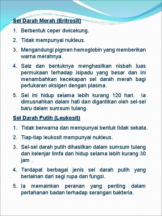 Sel Darah Merah (Eritrosit) 1. Berbentuk ceper dwicekung. 2. Tidak mempunyai nukleus. 3. Mengandungi