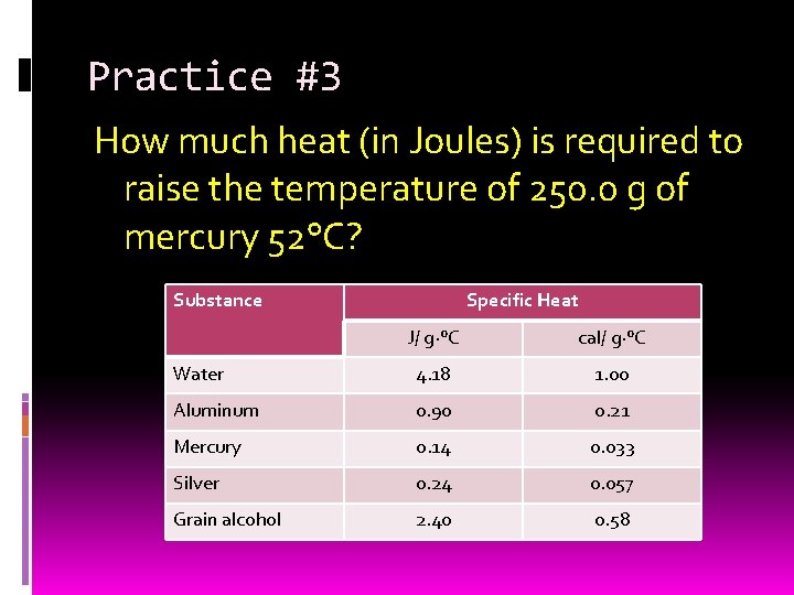 Practice #3 How much heat (in Joules) is required to raise the temperature of