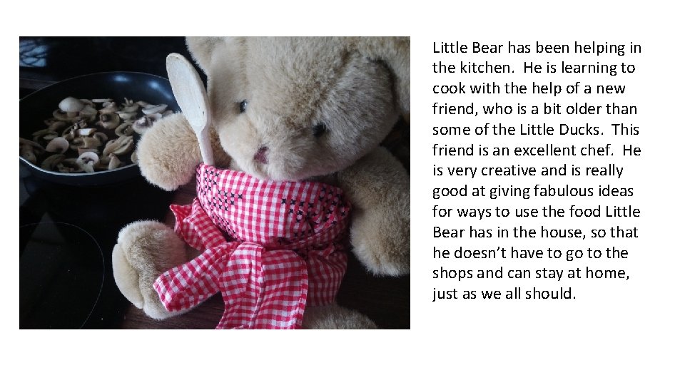 Little Bear has been helping in the kitchen. He is learning to cook with