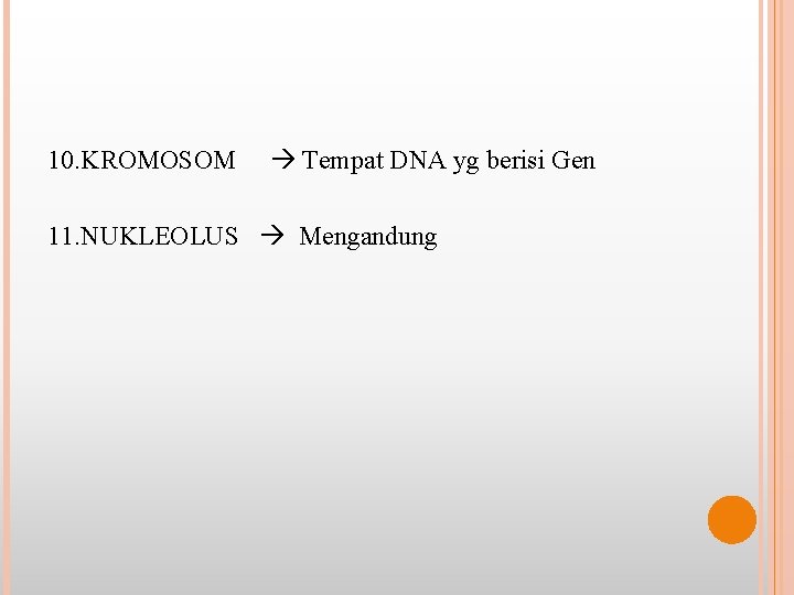 10. KROMOSOM Tempat DNA yg berisi Gen 11. NUKLEOLUS Mengandung 