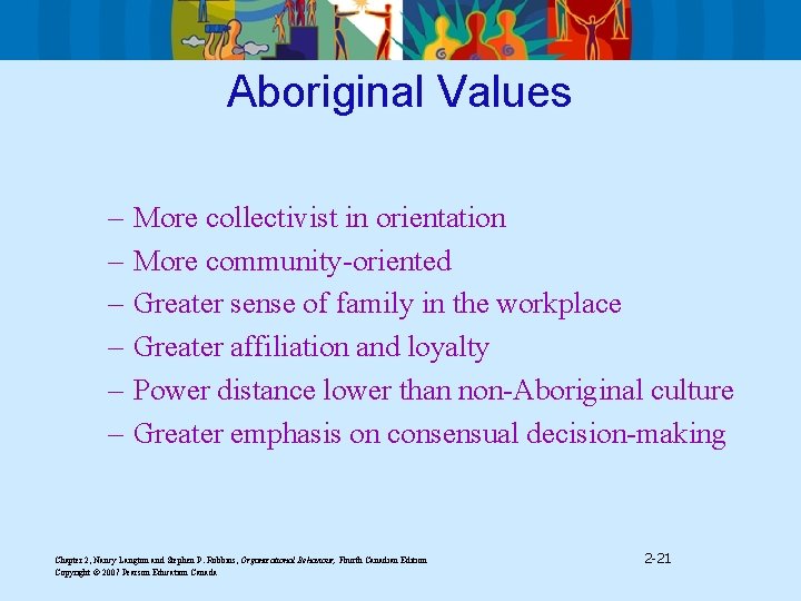 Aboriginal Values – – – More collectivist in orientation More community-oriented Greater sense of