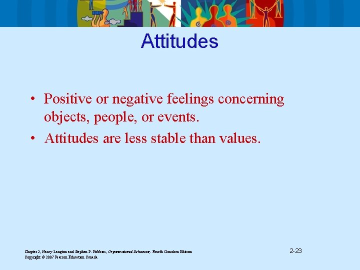 Attitudes • Positive or negative feelings concerning objects, people, or events. • Attitudes are