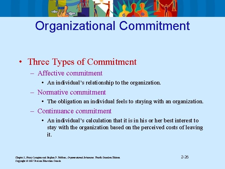 Organizational Commitment • Three Types of Commitment – Affective commitment • An individual’s relationship