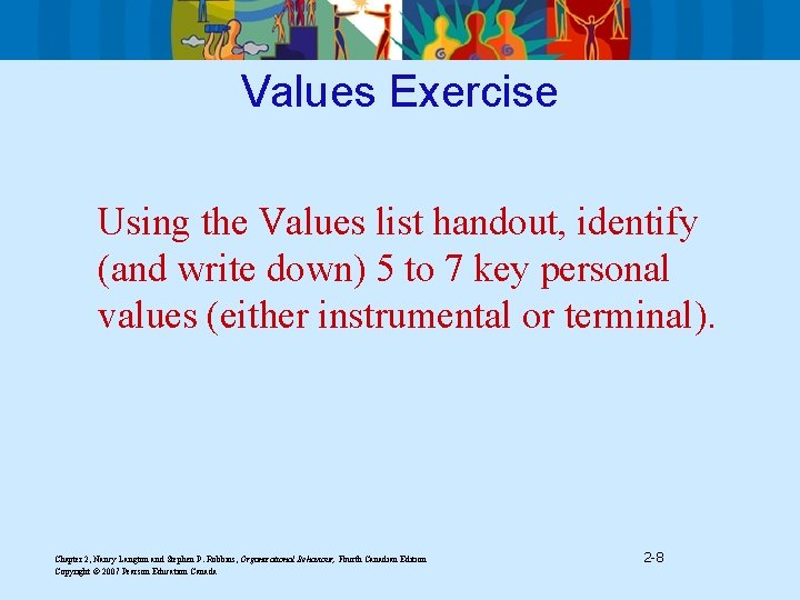 Values Exercise Using the Values list handout, identify (and write down) 5 to 7