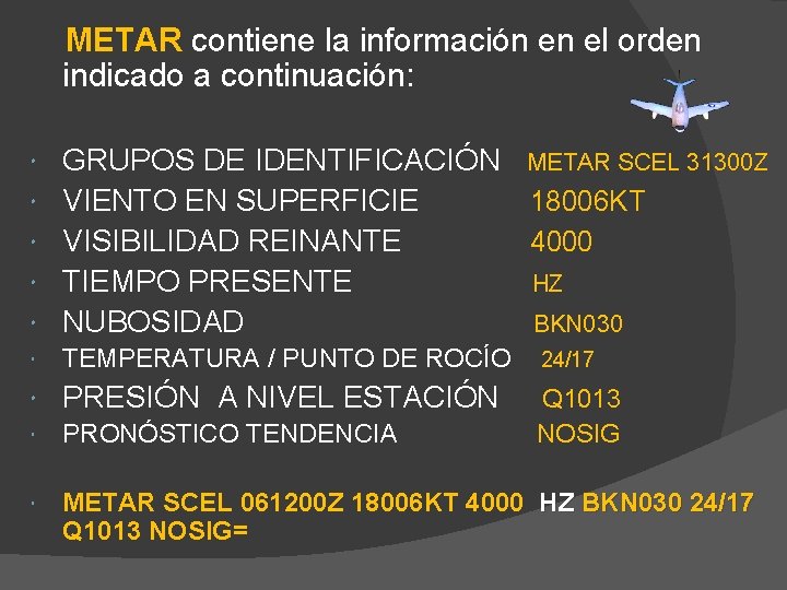 METAR contiene la información en el orden indicado a continuación: GRUPOS DE IDENTIFICACIÓN METAR METAR contiene la información en el orden indicado a continuación: GRUPOS DE IDENTIFICACIÓN METAR