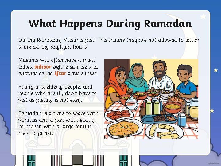 What Happens During Ramadan, Muslims fast. This means they are not allowed to eat