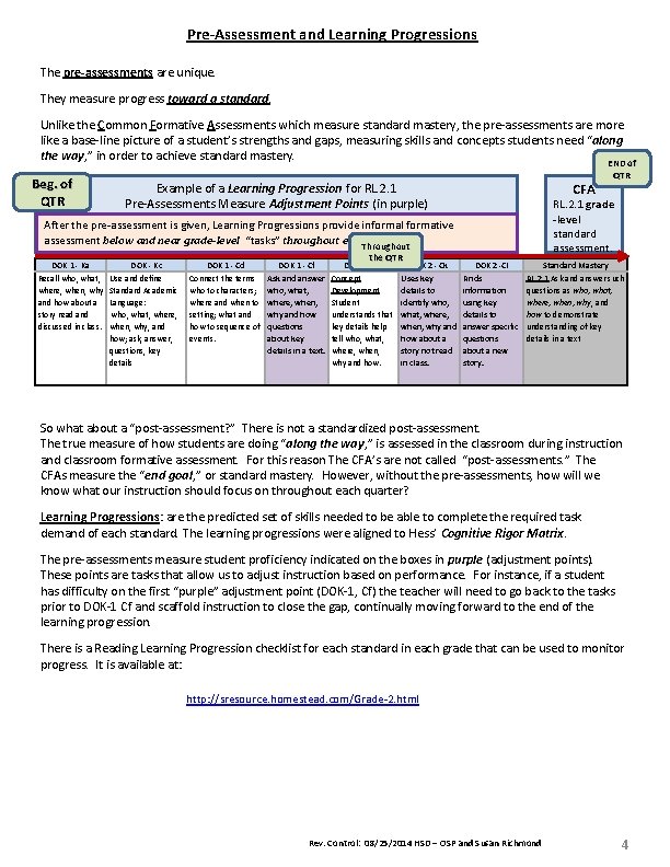 Pre-Assessment and Learning Progressions The pre-assessments are unique. They measure progress toward a standard