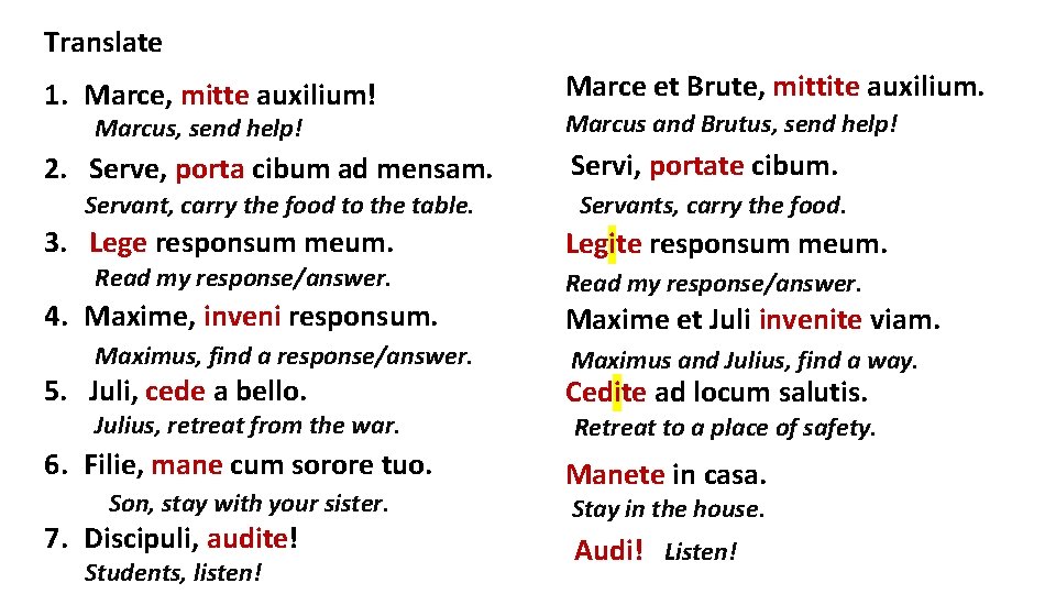 Translate 1. Marce, mitte auxilium! Marcus, send help! 2. Serve, porta cibum ad mensam.