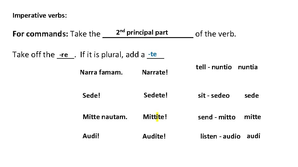 Imperative verbs: 2 nd principal part For commands: Take the ___________ of the verb.