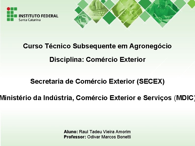 Curso Técnico Subsequente em Agronegócio Disciplina: Comércio Exterior Secretaria de Comércio Exterior (SECEX) Ministério