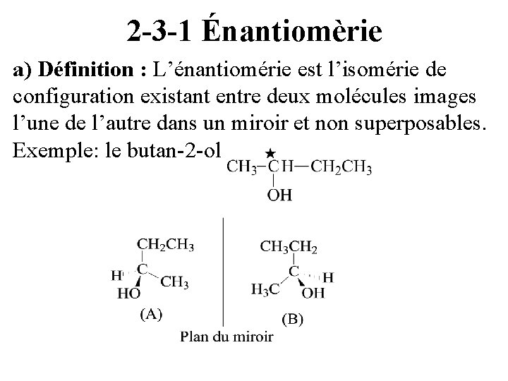 2 -3 -1 Énantiomèrie a) Définition : L’énantiomérie est l’isomérie de configuration existant entre
