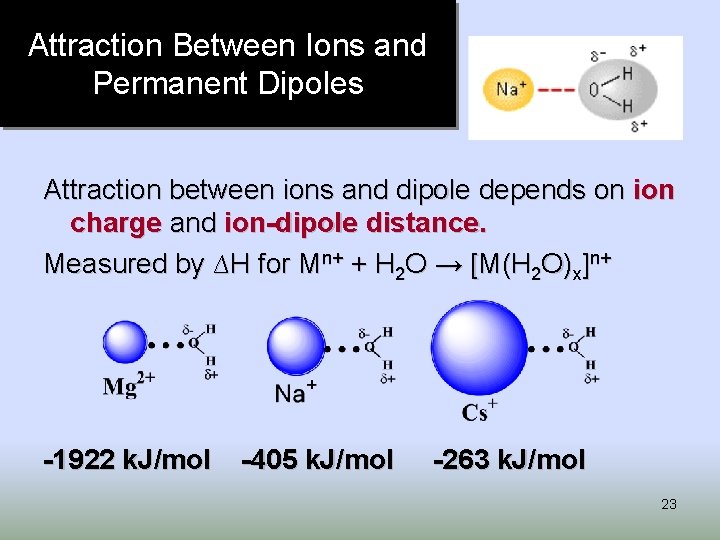 Attraction Between Ions and Permanent Dipoles Attraction between ions and dipole depends on ion