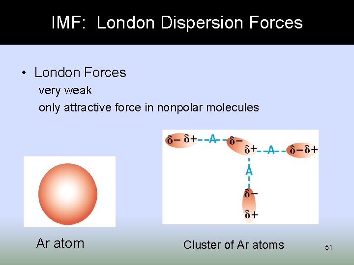 IMF: London Dispersion Forces • London Forces very weak only attractive force in nonpolar