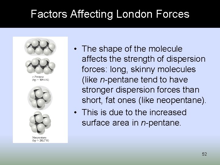 Factors Affecting London Forces • The shape of the molecule affects the strength of