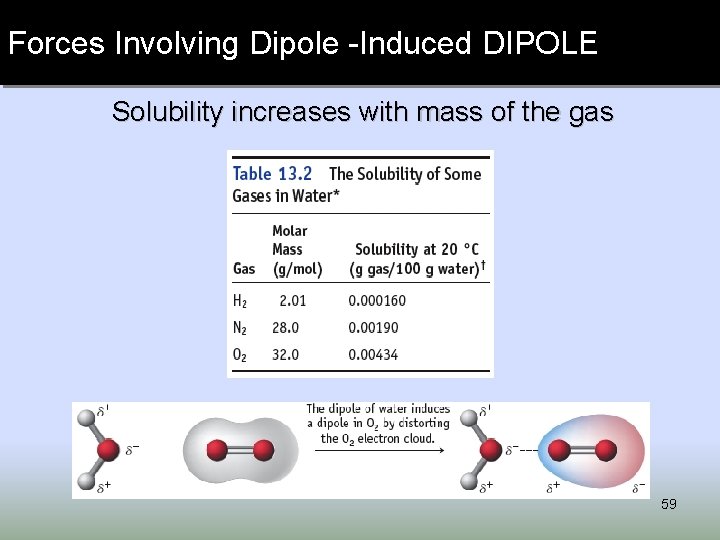 Forces Involving Dipole -Induced DIPOLE Solubility increases with mass of the gas 59 