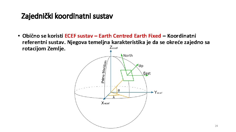 Zajednički koordinatni sustav • Obično se koristi ECEF sustav – Earth Centred Earth Fixed