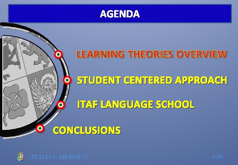 AGENDA LEARNING THEORIES OVERVIEW STUDENT CENTERED APPROACH ITAF LANGUAGE SCHOOL CONCLUSIONS ITALIAN AIRFORCE 3/30