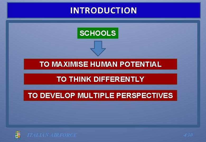 INTRODUCTION SCHOOLS TO MAXIMISE HUMAN POTENTIAL TO THINK DIFFERENTLY TO DEVELOP MULTIPLE PERSPECTIVES ITALIAN