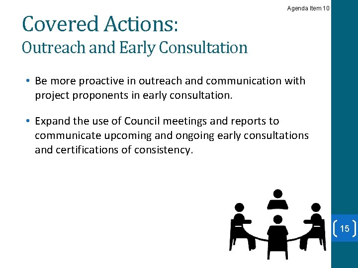Covered Actions: Agenda Item 10 Outreach and Early Consultation • Be more proactive in