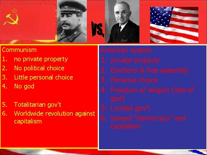 American system 1. private property 2. Elections & free assembly 3. Personal choice 4.