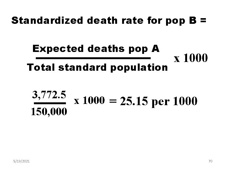 Standardized death rate for pop B = Expected deaths pop A Total standard population