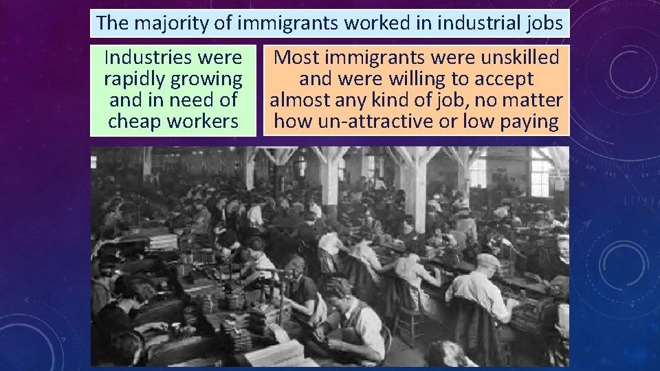 The majority of immigrants worked in industrial jobs Industries were rapidly growing and in