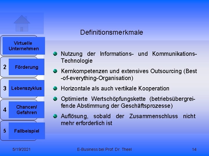 Definitionsmerkmale 1 Virtuelle Unternehmen 2 Förderung 3 Lebenszyklus 4 Chancen/ Gefahren 5 Fallbeispiel 5/19/2021