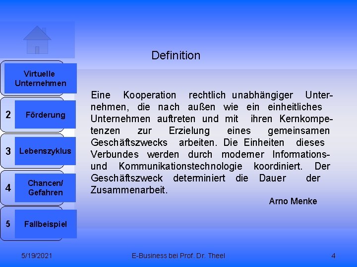 Definition 1 Virtuelle Unternehmen 2 Förderung 3 Lebenszyklus 4 Chancen/ Gefahren 5 Eine Kooperation