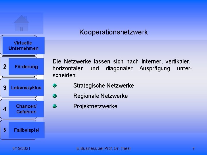 Kooperationsnetzwerk 1 Virtuelle Unternehmen 2 Förderung 3 Lebenszyklus Die Netzwerke lassen sich nach interner,