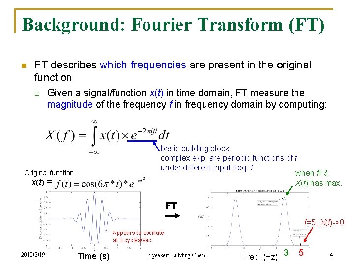 Background: Fourier Transform (FT) n FT describes which frequencies are present in the original