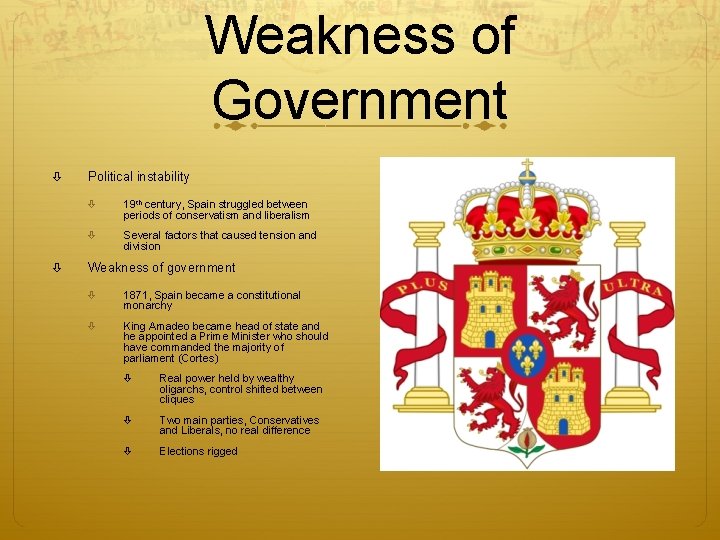 Weakness of Government Political instability 19 th century, Spain struggled between periods of conservatism
