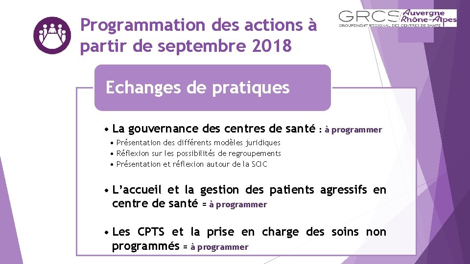Programmation des actions à partir de septembre 2018 Echanges de pratiques • La gouvernance