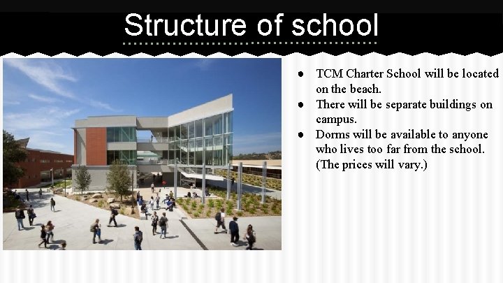 Structure of school ● TCM Charter School will be located on the beach. ●