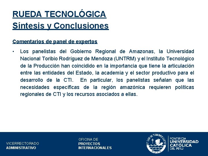 RUEDA TECNOLÓGICA Síntesis y Conclusiones Comentarios de panel de expertos • Los panelistas del