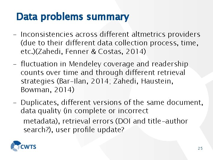 Data problems summary - Inconsistencies across different altmetrics providers (due to their different data