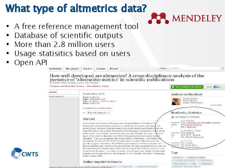 What type of altmetrics data? • • • A free reference management tool Database