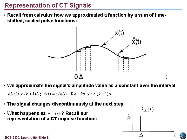 Representation of CT Signals • Recall from calculus how we approximated a function by