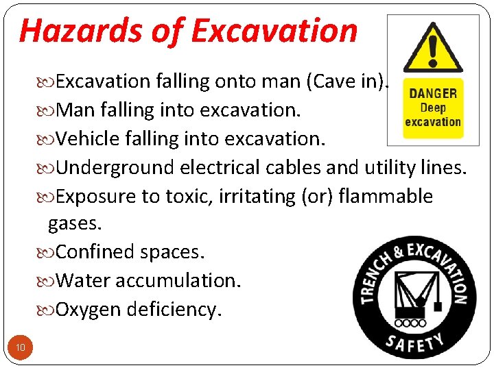 Hazards of Excavation falling onto man (Cave in). Man falling into excavation. Vehicle falling
