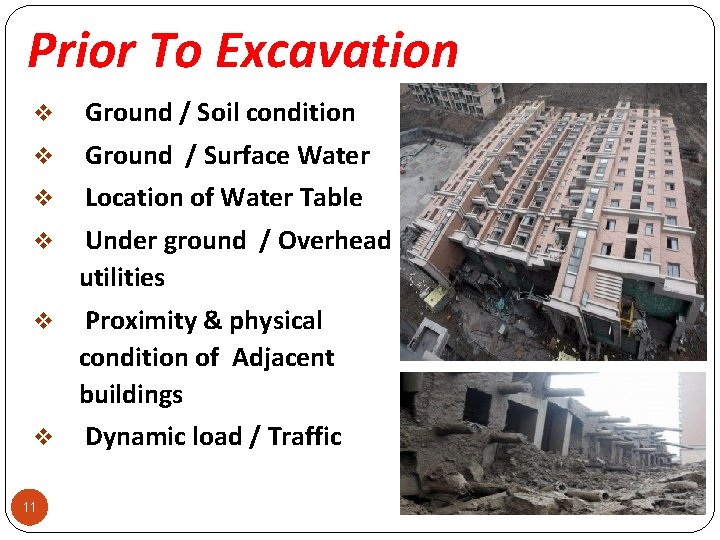 Prior To Excavation v Ground / Soil condition v Ground / Surface Water v