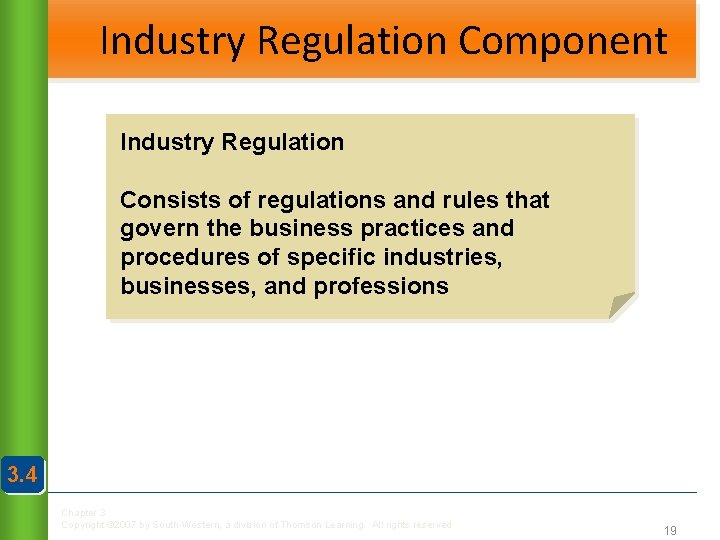 Industry Regulation Component Industry Regulation Consists of regulations and rules that govern the business