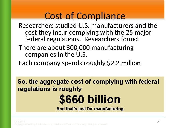 Cost of Compliance Researchers studied U. S. manufacturers and the cost they incur complying