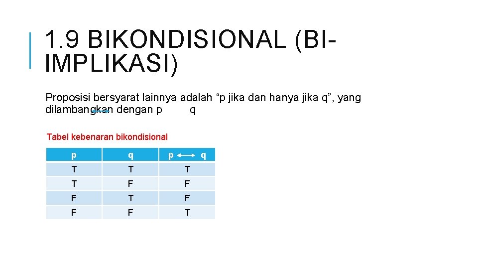 1. 9 BIKONDISIONAL (BIIMPLIKASI) Proposisi bersyarat lainnya adalah “p jika dan hanya jika q”,