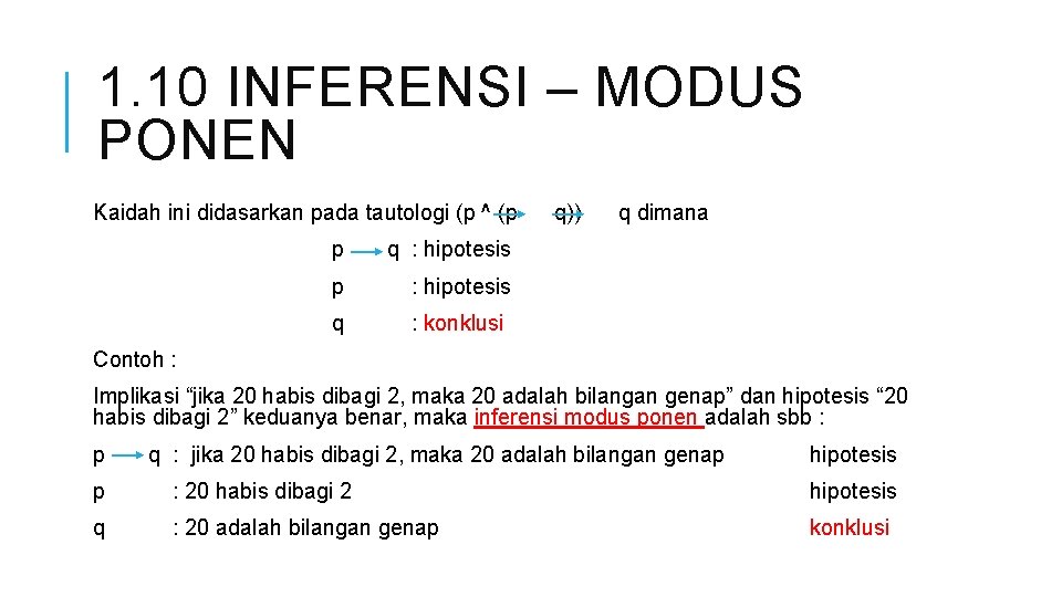 1. 10 INFERENSI – MODUS PONEN Kaidah ini didasarkan pada tautologi (p ^ (p