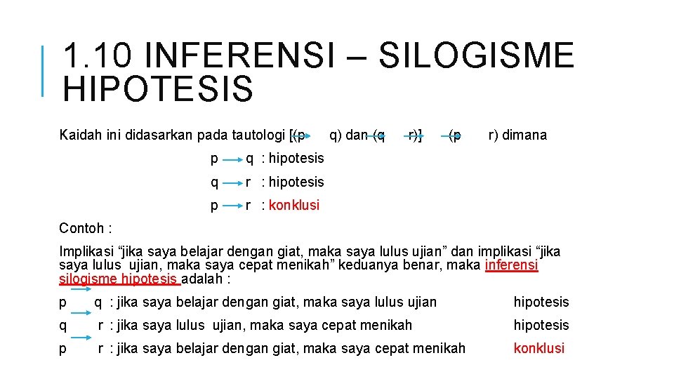 1. 10 INFERENSI – SILOGISME HIPOTESIS Kaidah ini didasarkan pada tautologi [(p p q