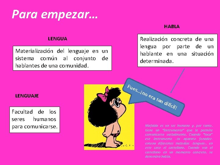 Para empezar… HABLA Realización concreta de una lengua por parte de un hablante en