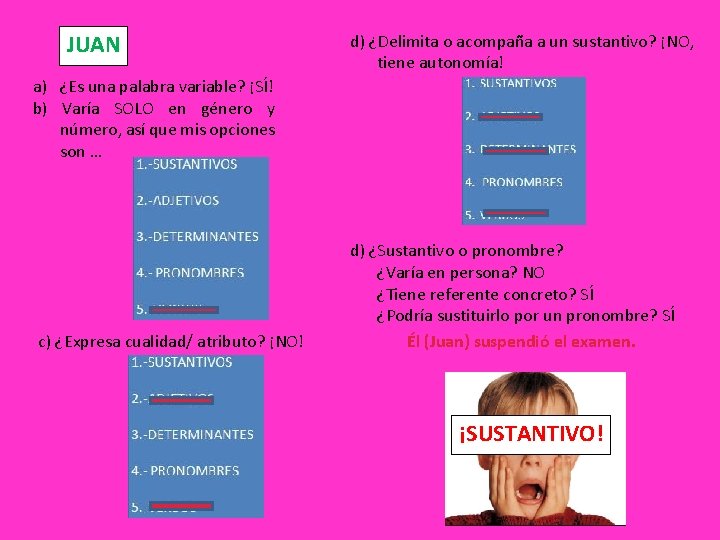 JUAN d) ¿Delimita o acompaña a un sustantivo? ¡NO, tiene autonomía! a) ¿Es una