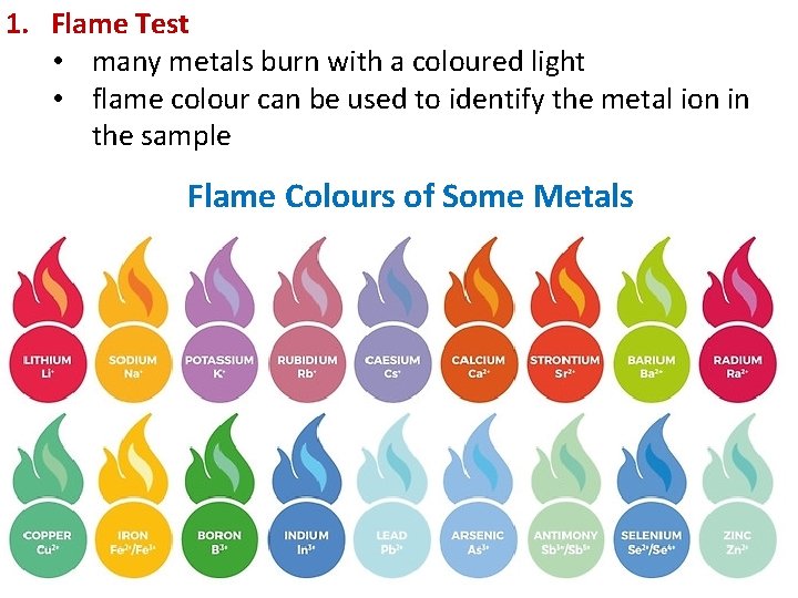 1. Flame Test • many metals burn with a coloured light • flame colour
