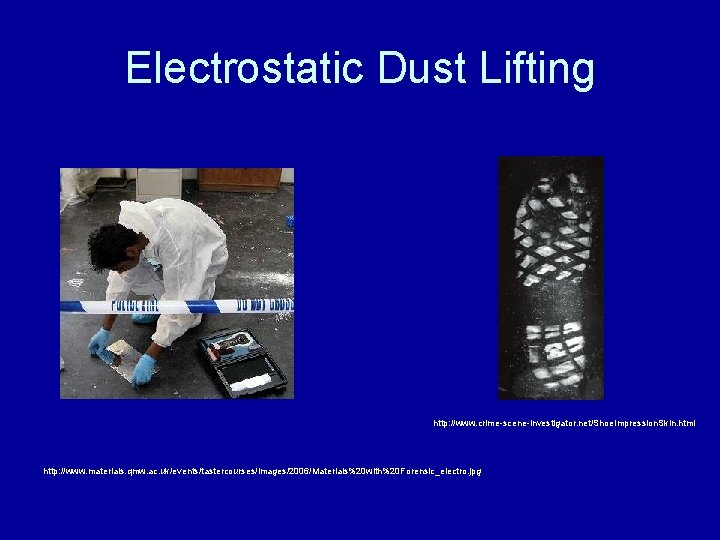 Electrostatic Dust Lifting http: //www. crime-scene-investigator. net/Shoe. Impression. Skin. html http: //www. materials. qmw.